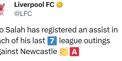 自带一助？近7次利物浦联赛面对纽卡，萨拉赫每场都能送出1次助攻
